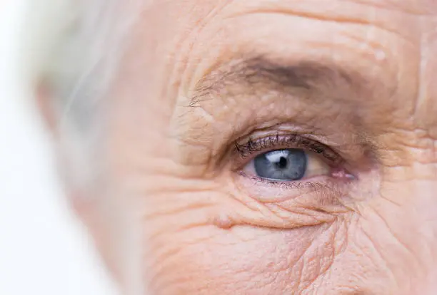 A close up of an older person 's eye